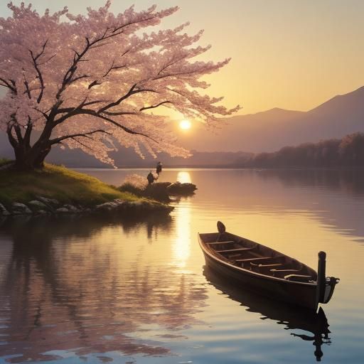Tranquil Sunset Lake Scene with Cherry Blossoms