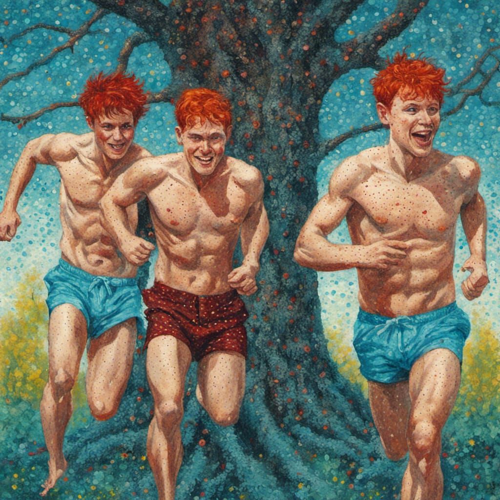 Surreal Pointillist Art: Men Running Around Tree