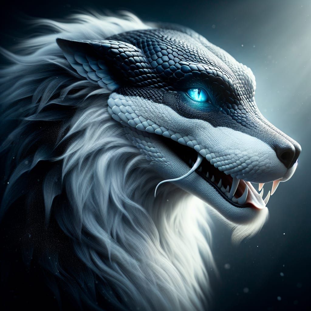 black cobra/white wolf with blue eyes hybrid eating a rat