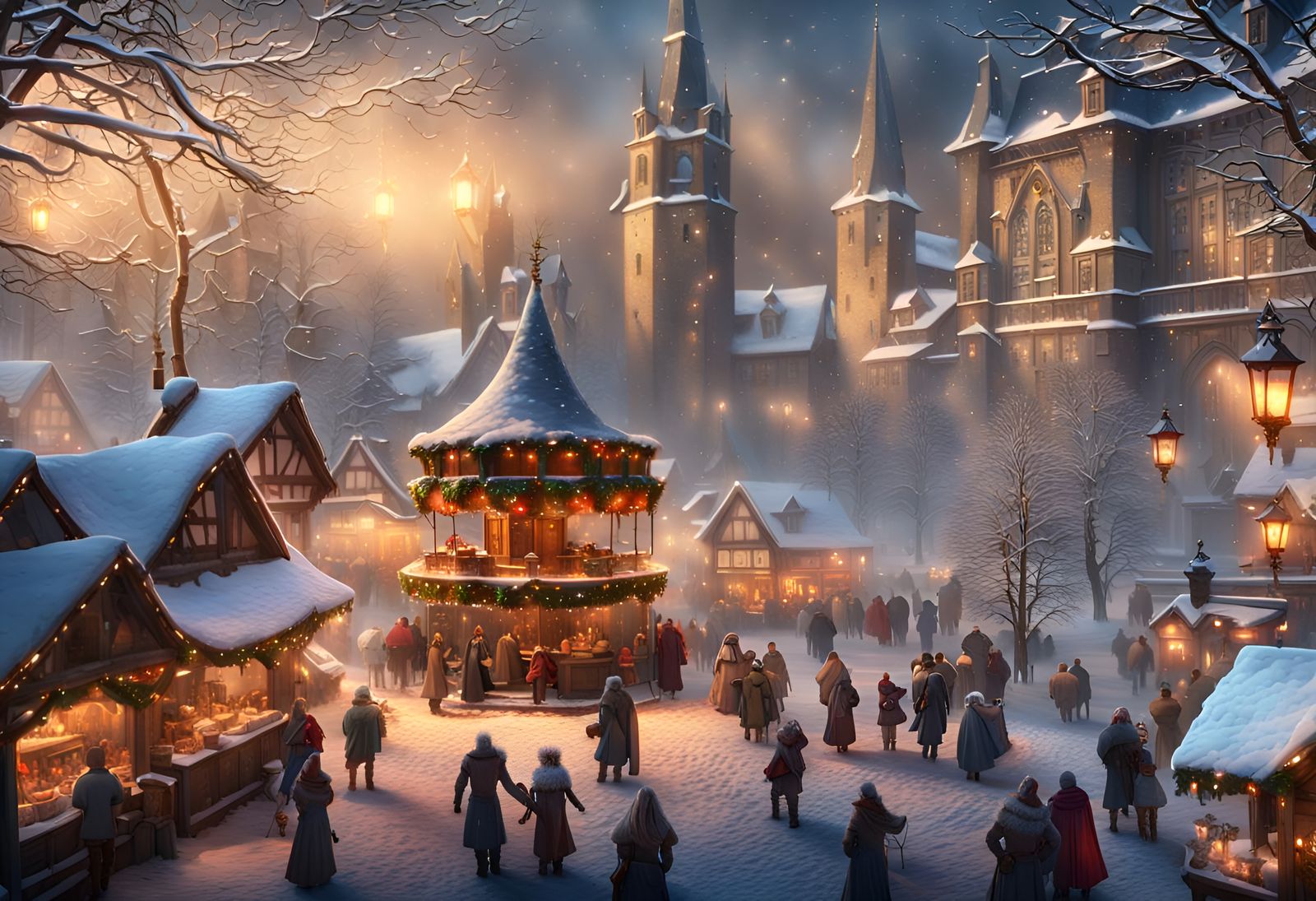 Medieval Christmas Market at Night: Matte Painting