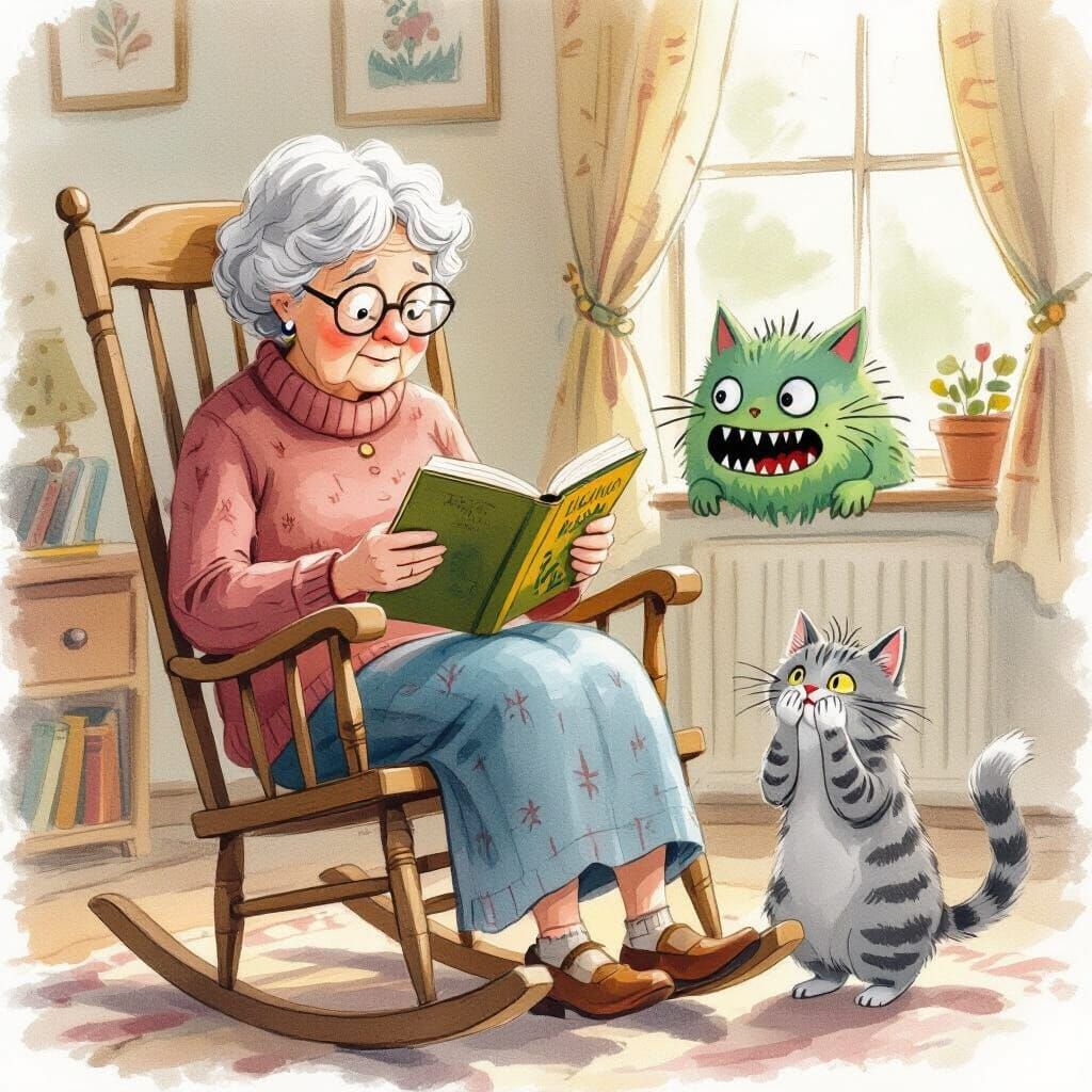 Grandmother Reads Scary Book: Watercolor Illustration
