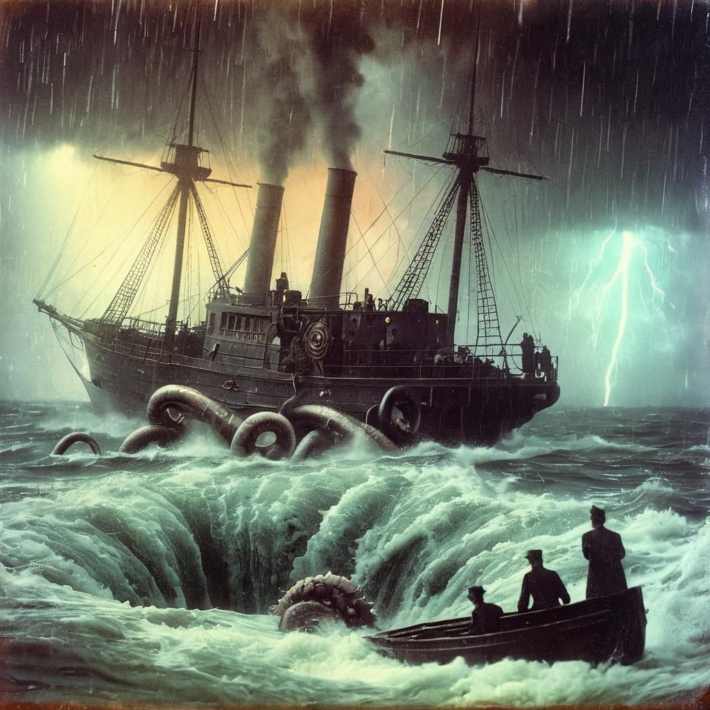 Kraken Attack on Dieselpunk Steamboat: Vintage 1920s Photo