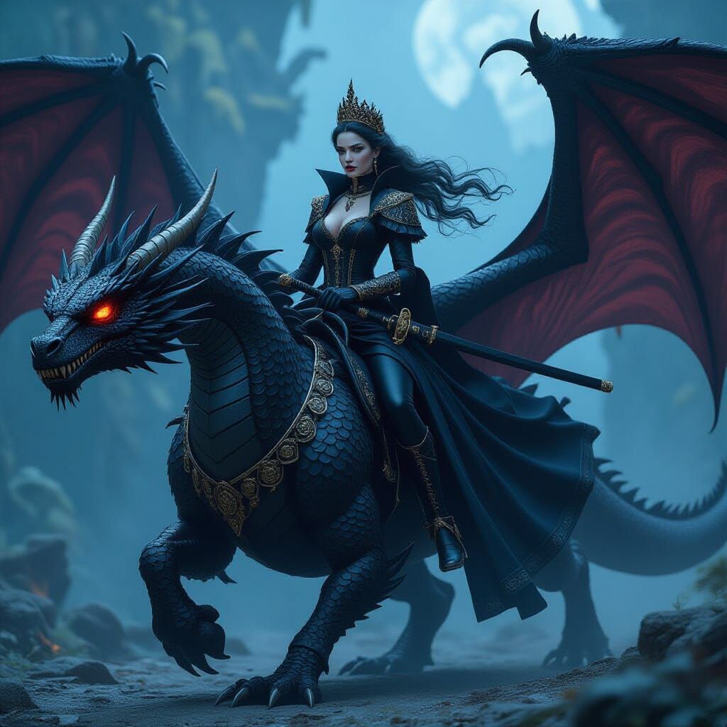 Gothic Vampire Princess Rides Dragon in Fantasy Art