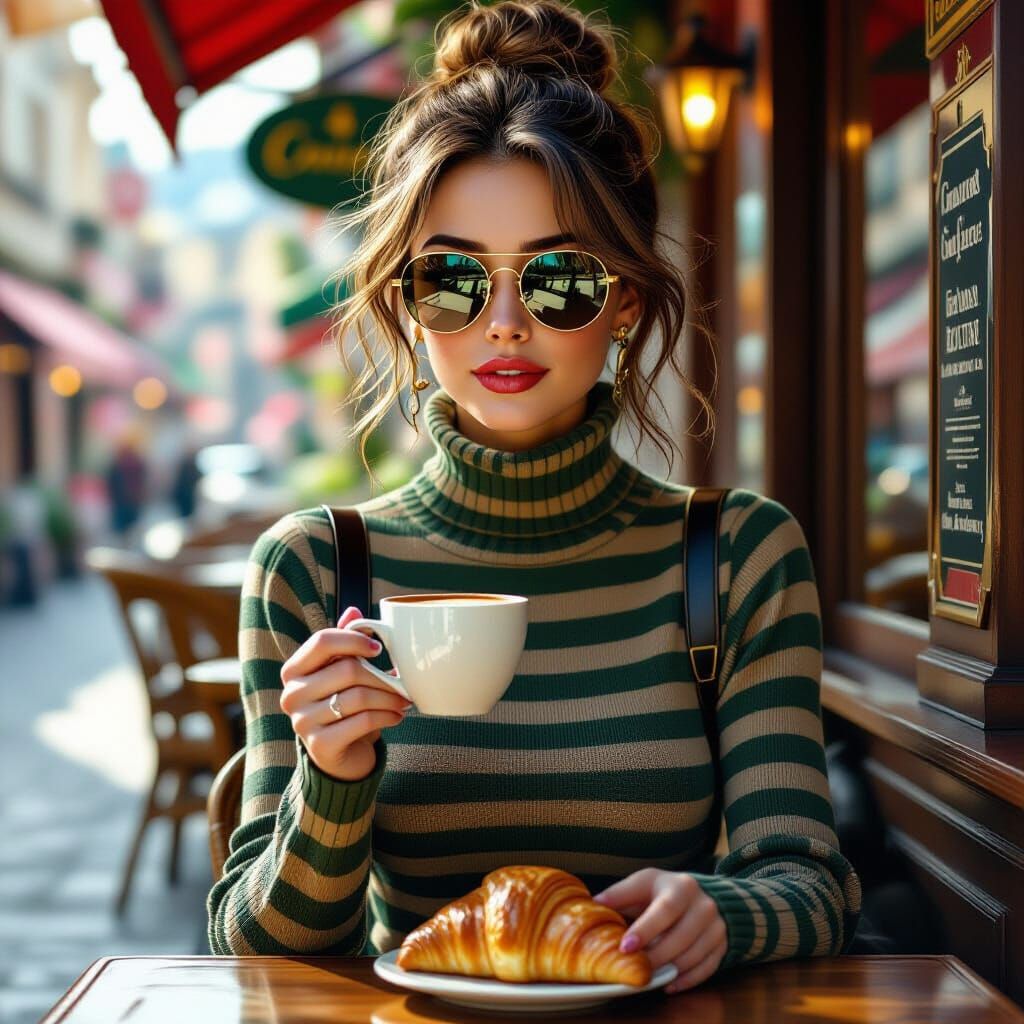 Woman with Coffee and Croissant: Fantasy Concept Art