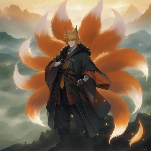 Anime Portrait of Kitsune Spirit in Misty Mountains