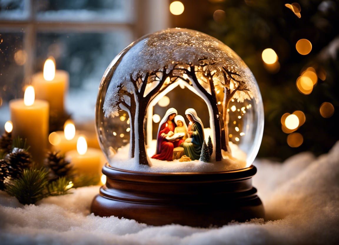 Nativity Scene Snow Globe with Aurora Background