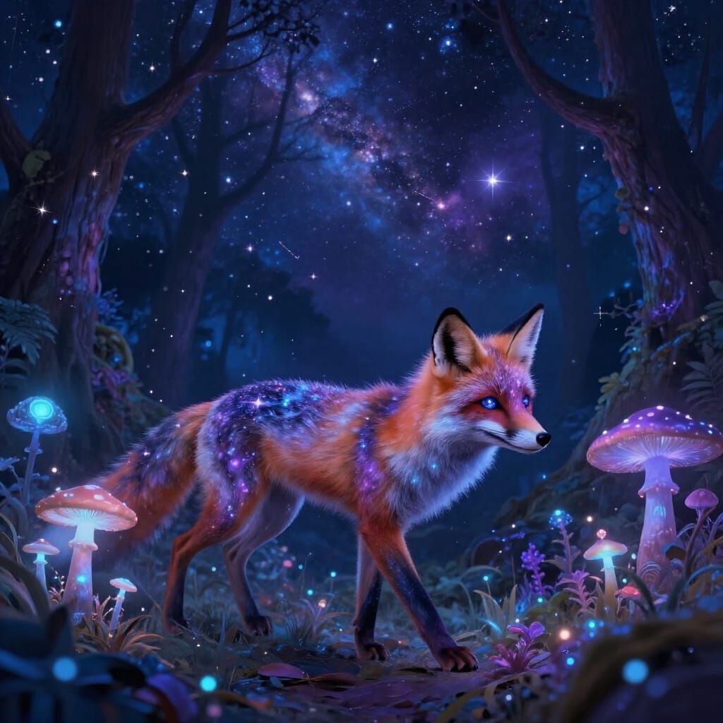 Cosmic Fox in Enchanted Bioluminescent Forest