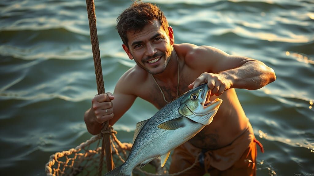 Golden Light on Fisherman Portrait in Digital Art