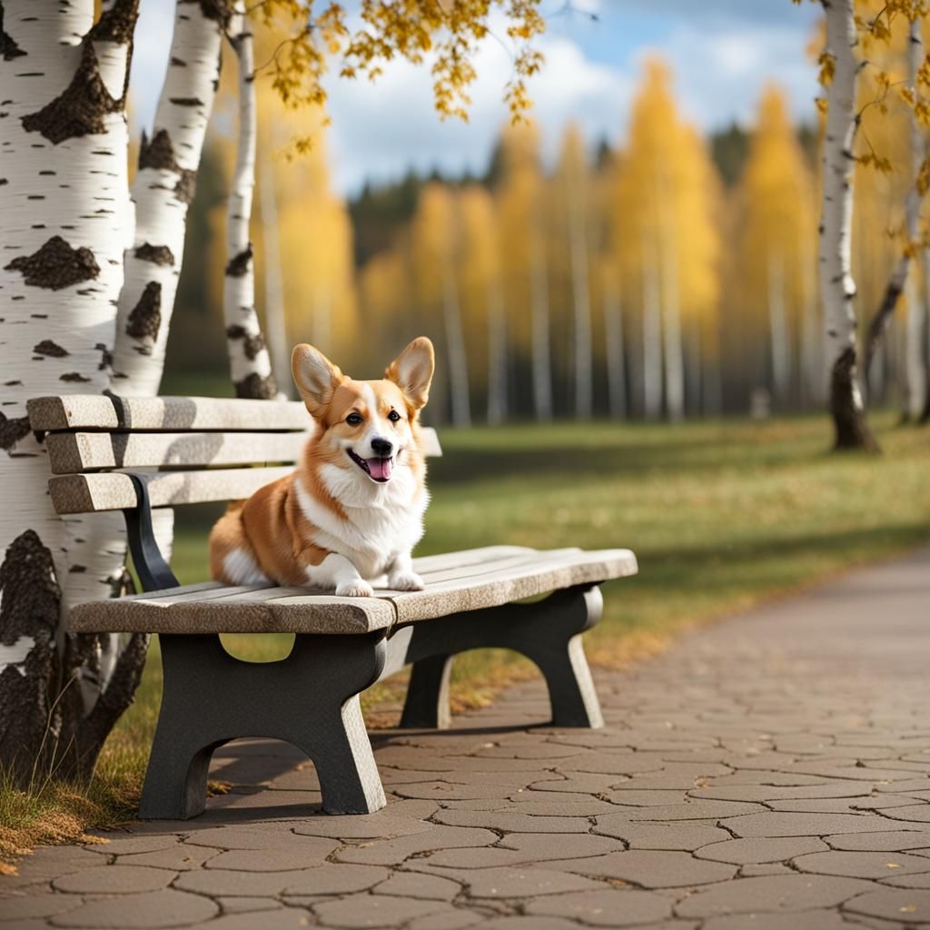 High-Resolution Photo of a Corgi on a Bench