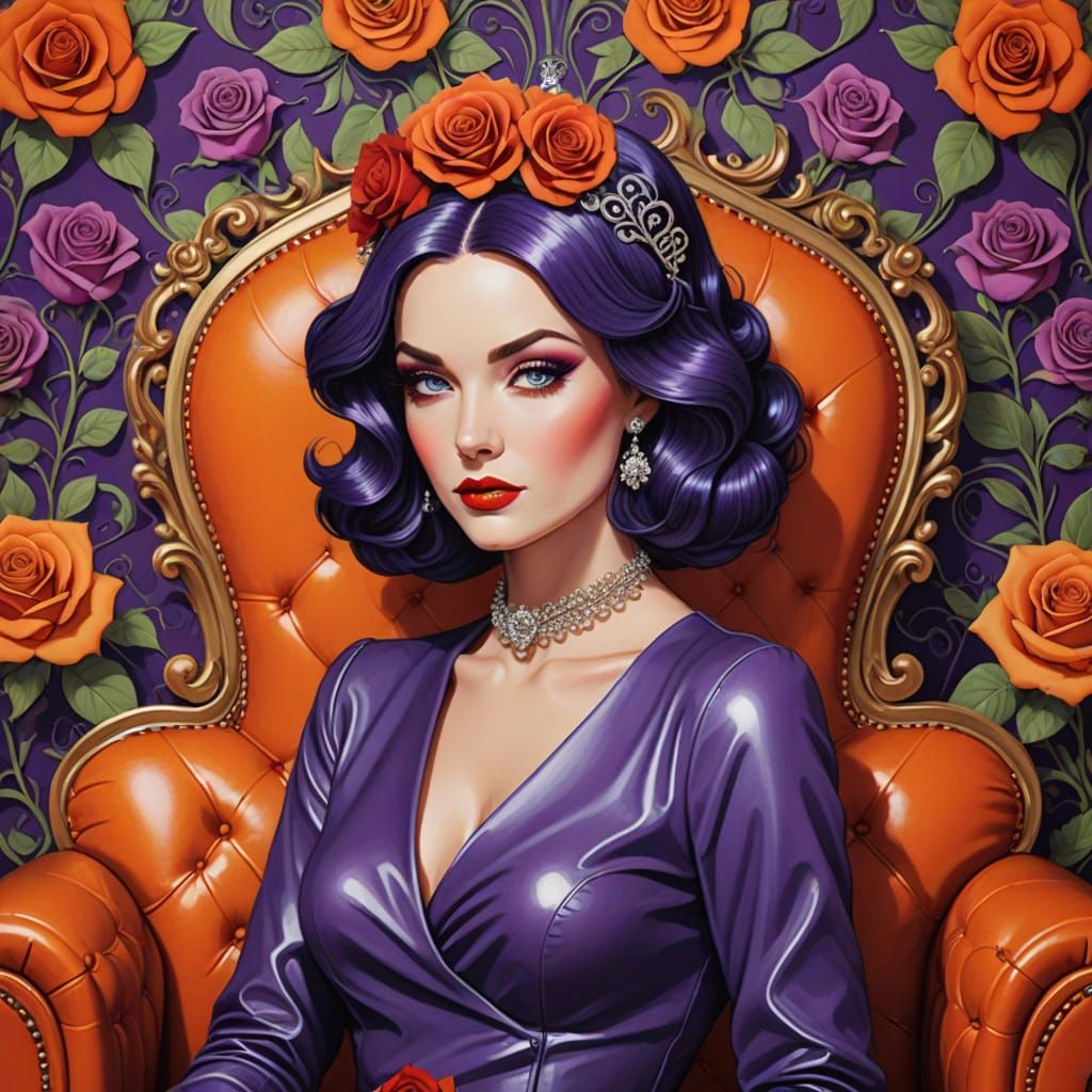 Pop Art Woman with Purple Hair and Red Roses