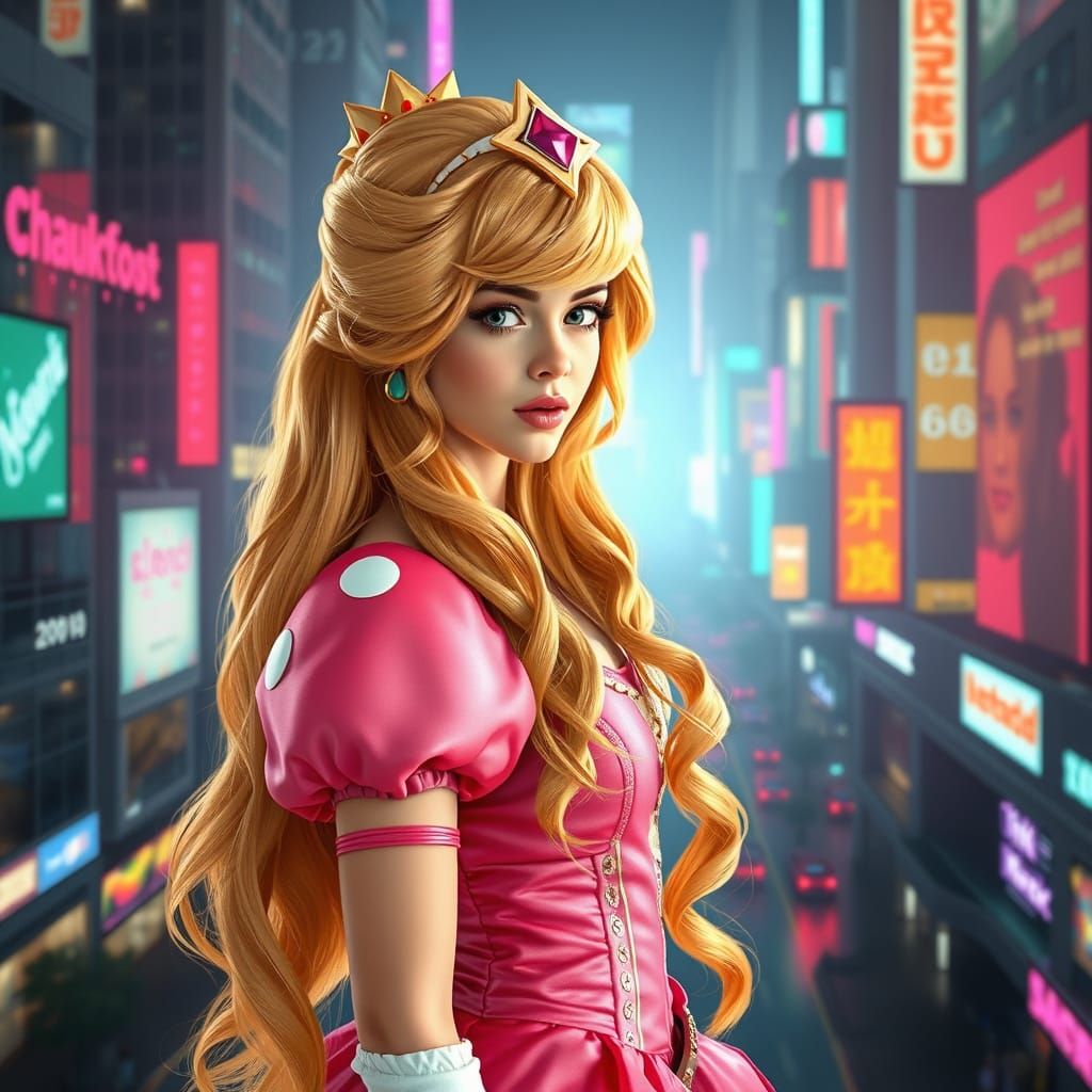 Cyberpunk Princess Peach in Neon Cityscape