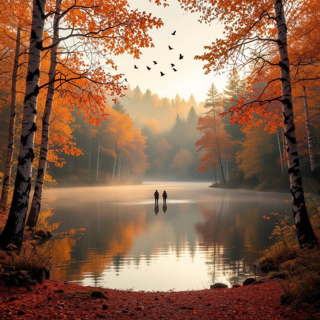 Serene Autumn Forest Lake with Misty Morning Light