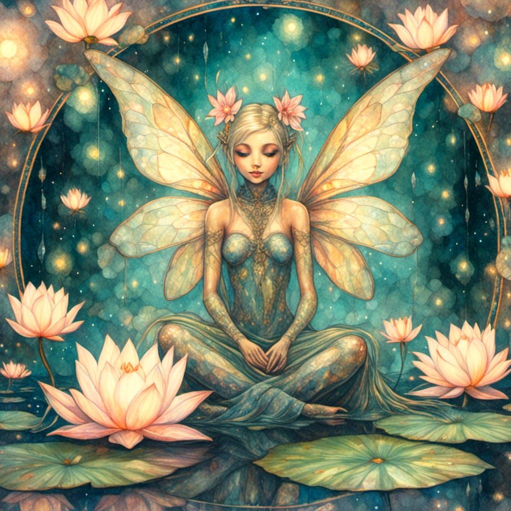 Fairy on Lily Pad in Watercolor Style