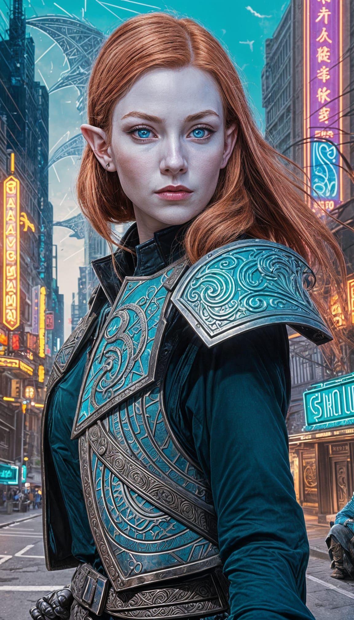 Elven Ranger Searches Cyberpunk Cityscape