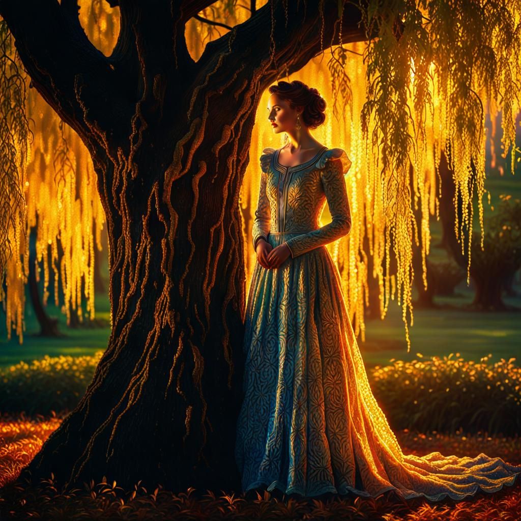 Victorian Woman Under Willow in Pointillism Style