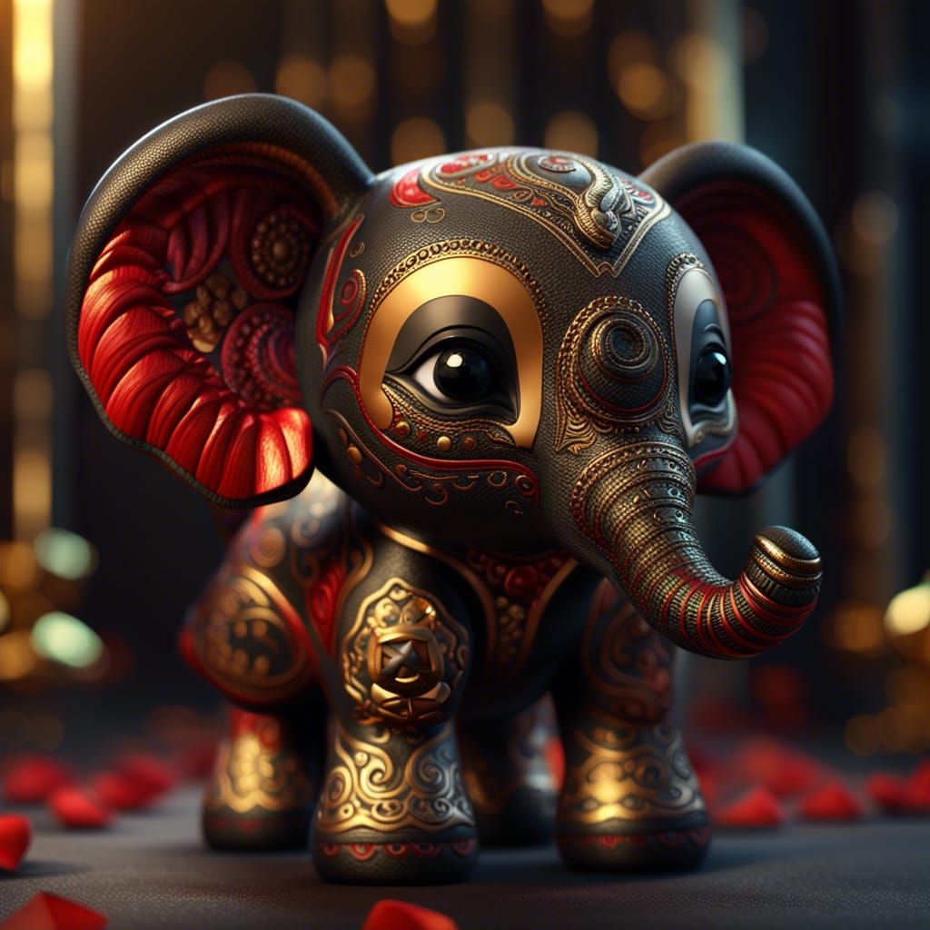 Alebrijes Elephant Baby in Gold, Black and Red