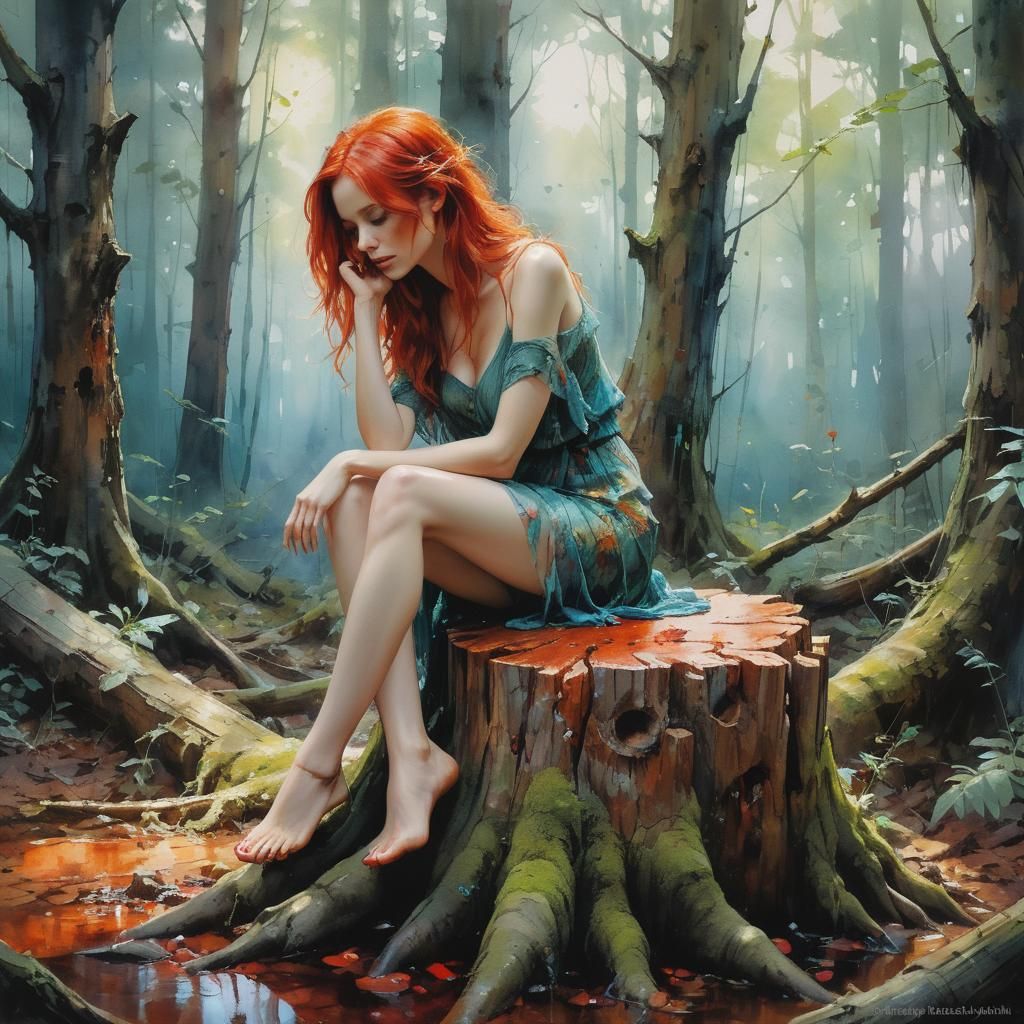 Red-Haired Woman in Whimsical Surreal Forest