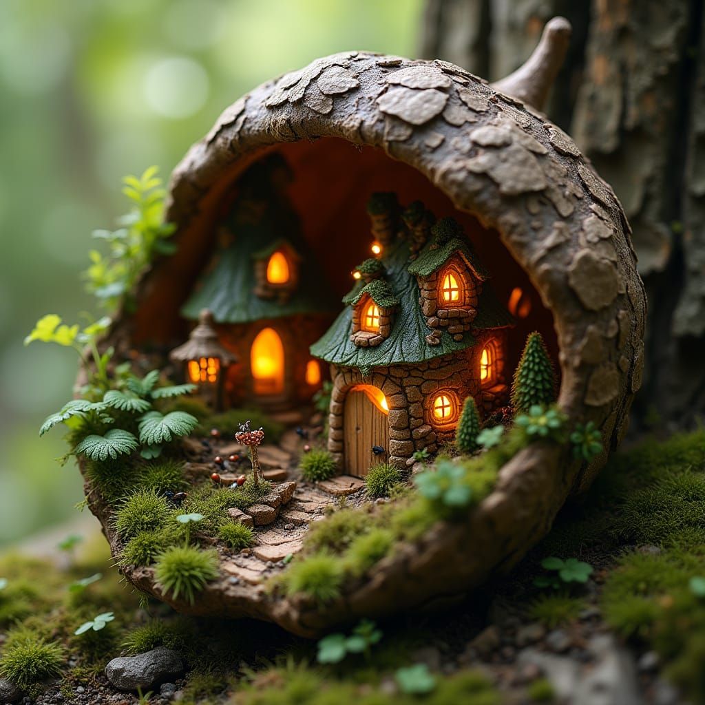 Miniature Acorn Village in Whimsical Art Style