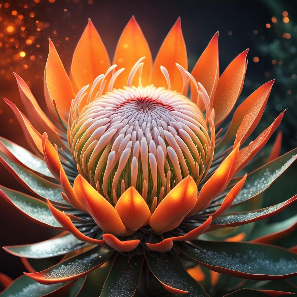 Sunset Orange Protea Flower Fantasy Illustration