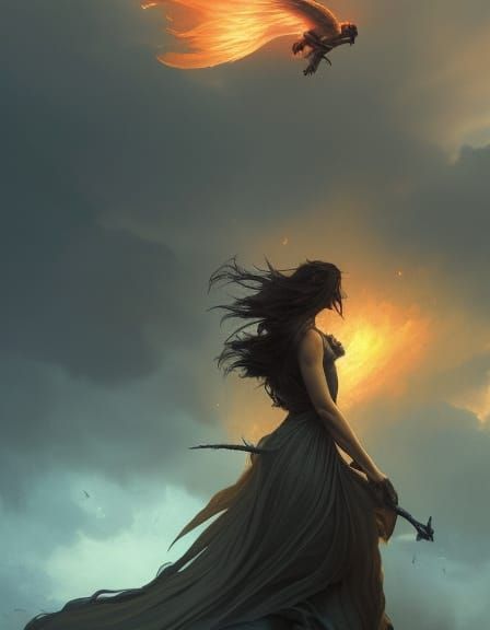 Fiery Descent Through Clouds, Fantasy Art