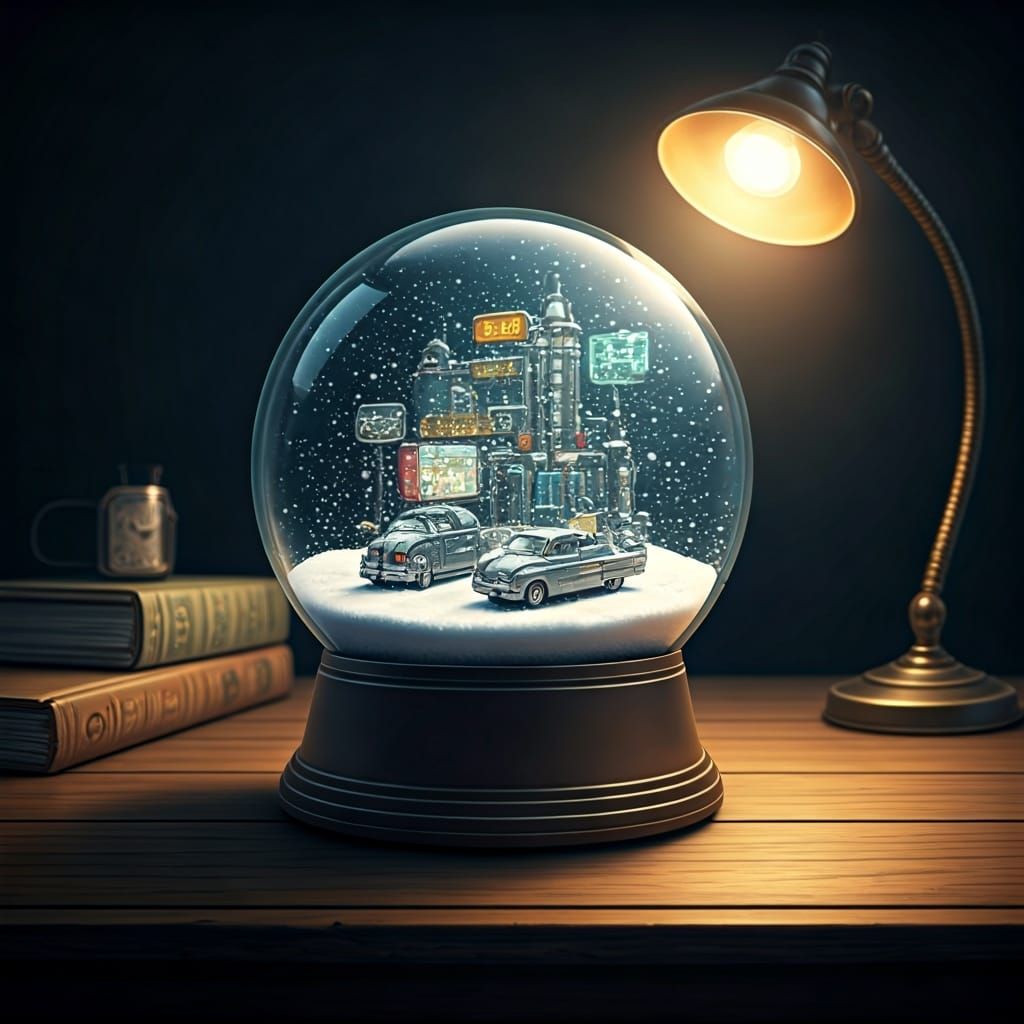 Futuristic City in Snow Globe: Detailed Pencil Art