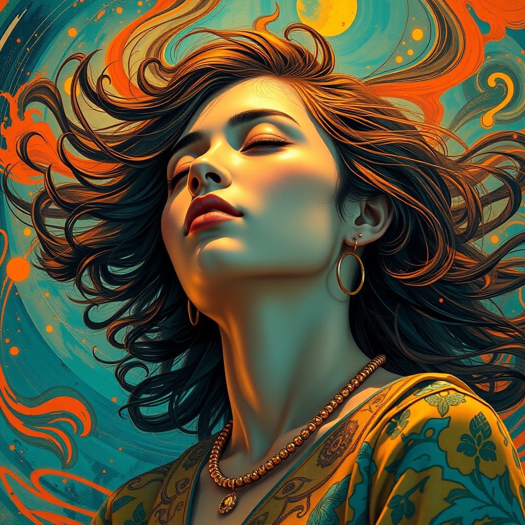 Dreamlike Young Woman Lost in Vibrant Sound Waves