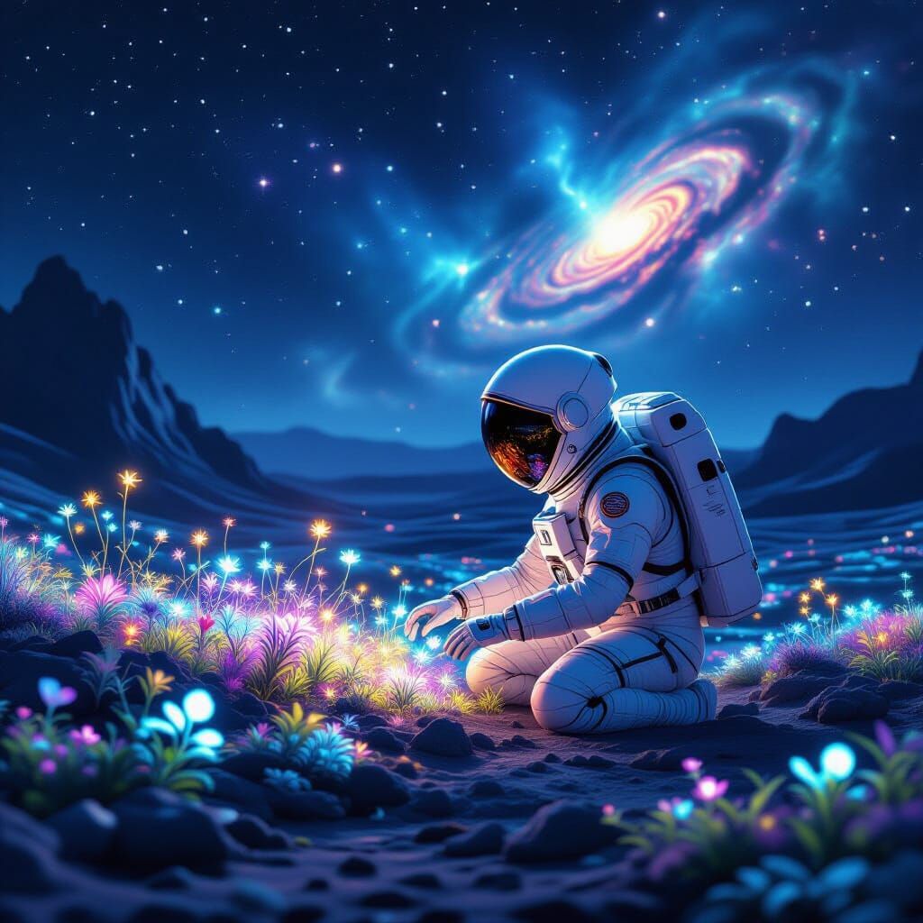 Astronaut Tends Bioluminescent Garden on Alien Planet