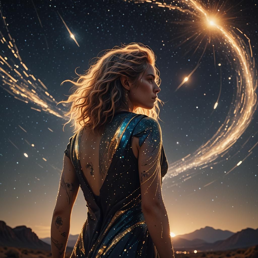 Celestial Human with Comet Hair in Starry Sky