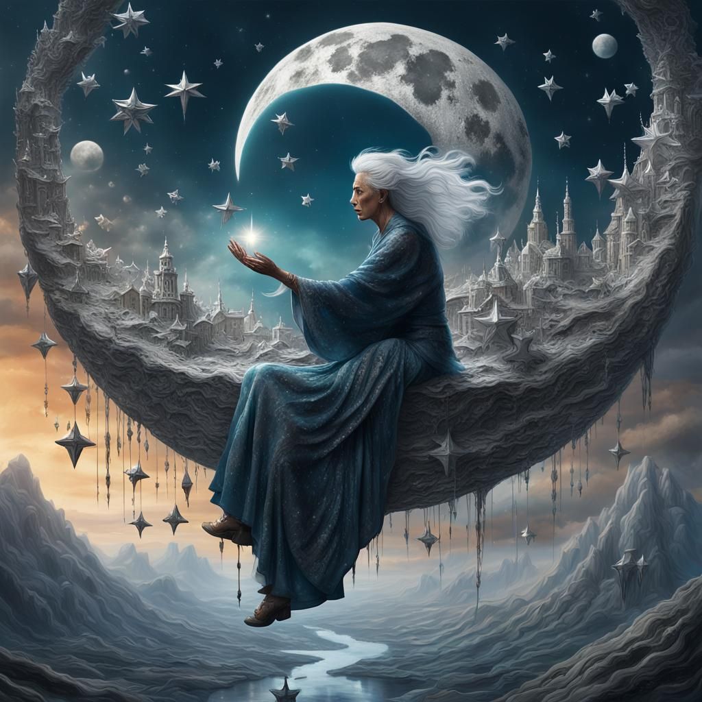 Silver Moon Woman Scattering Stars