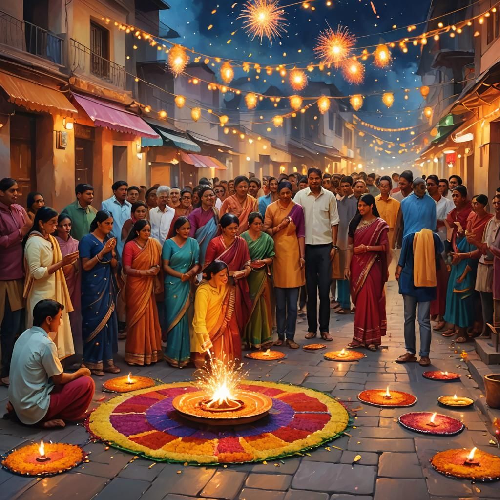 Diwali Celebration: Fireworks and Diyas in Oil Painting