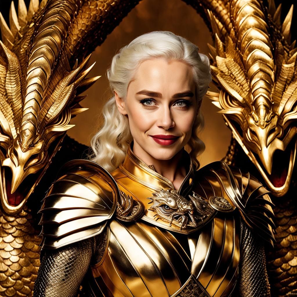 Portrait of a Smiling Woman in Gold Armor