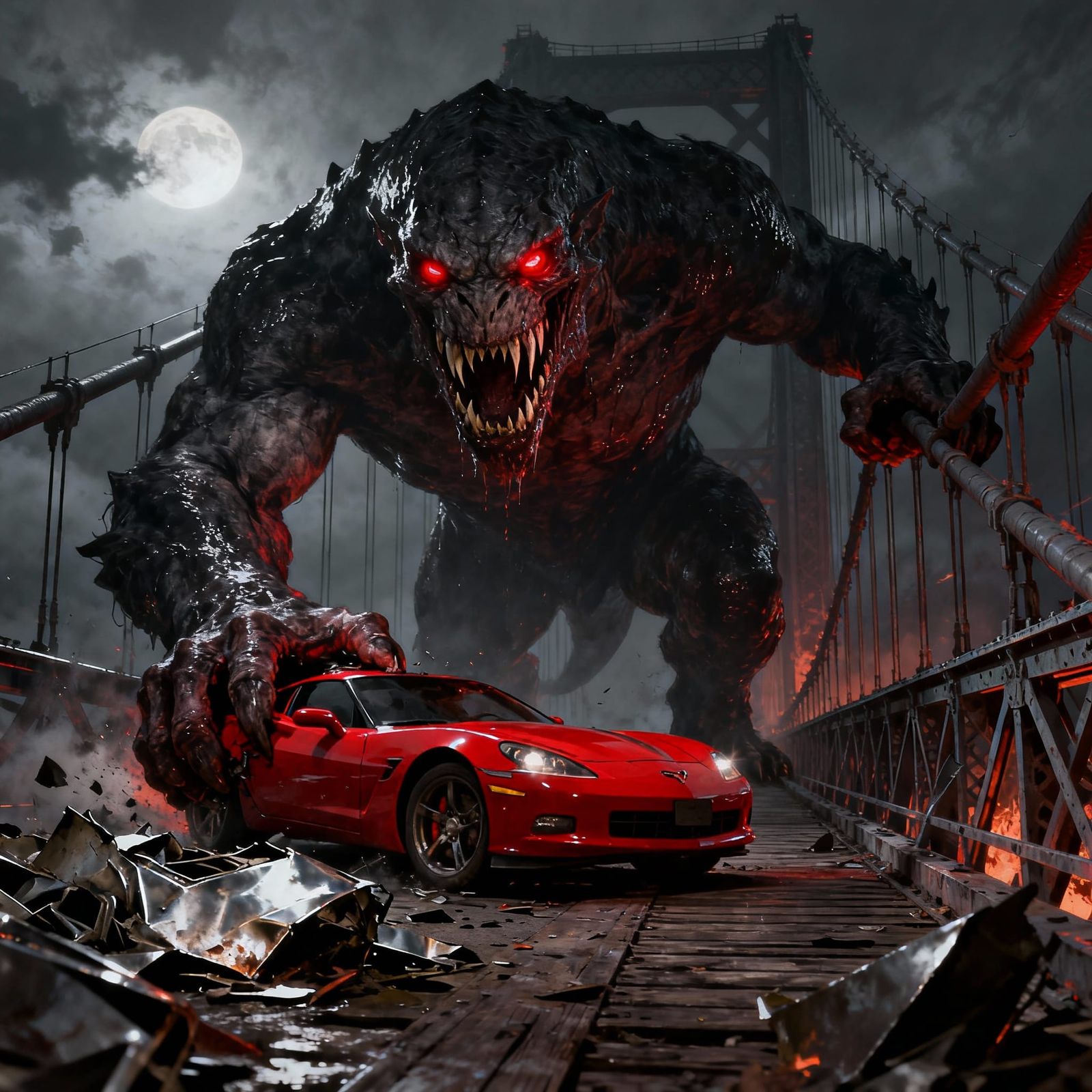 Monster Beast Climbs Bridge With Corvette, Horror Style