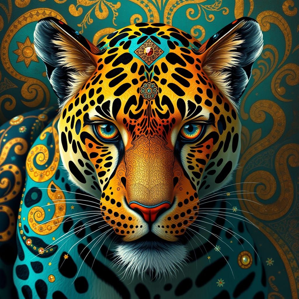 Surreal Leopard in Opulent, Turquoise and Amber Patterns