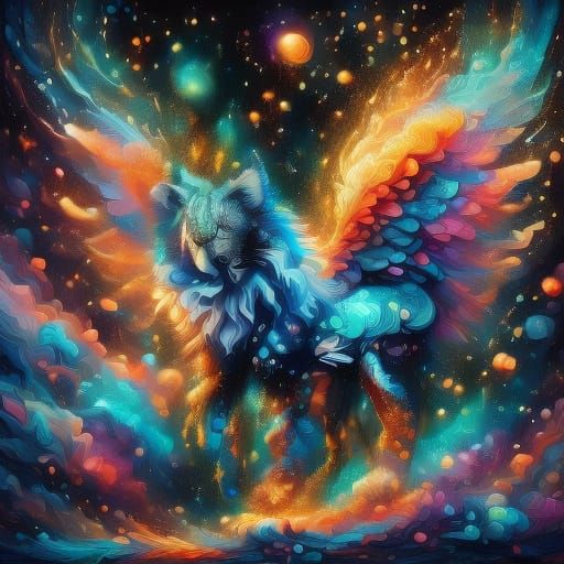 <lora:Fairy Animals:1.0> <lora:Liquid Pouring SD15:1.0> <lora:In The Forest:1.0> <lora:Vibrant Fantasy:1.0> A lone wolf,...