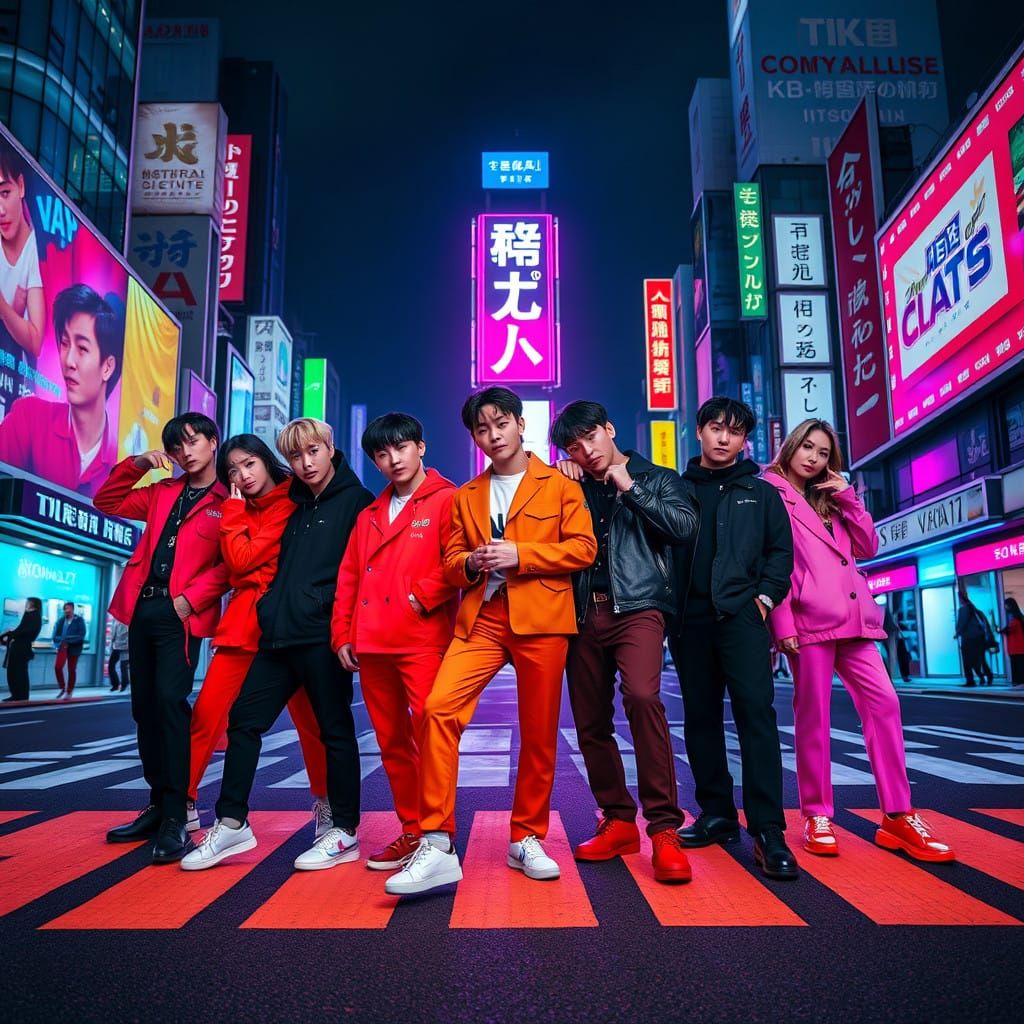 Energetic Kpop Group Stray Kids in Neon Cityscape