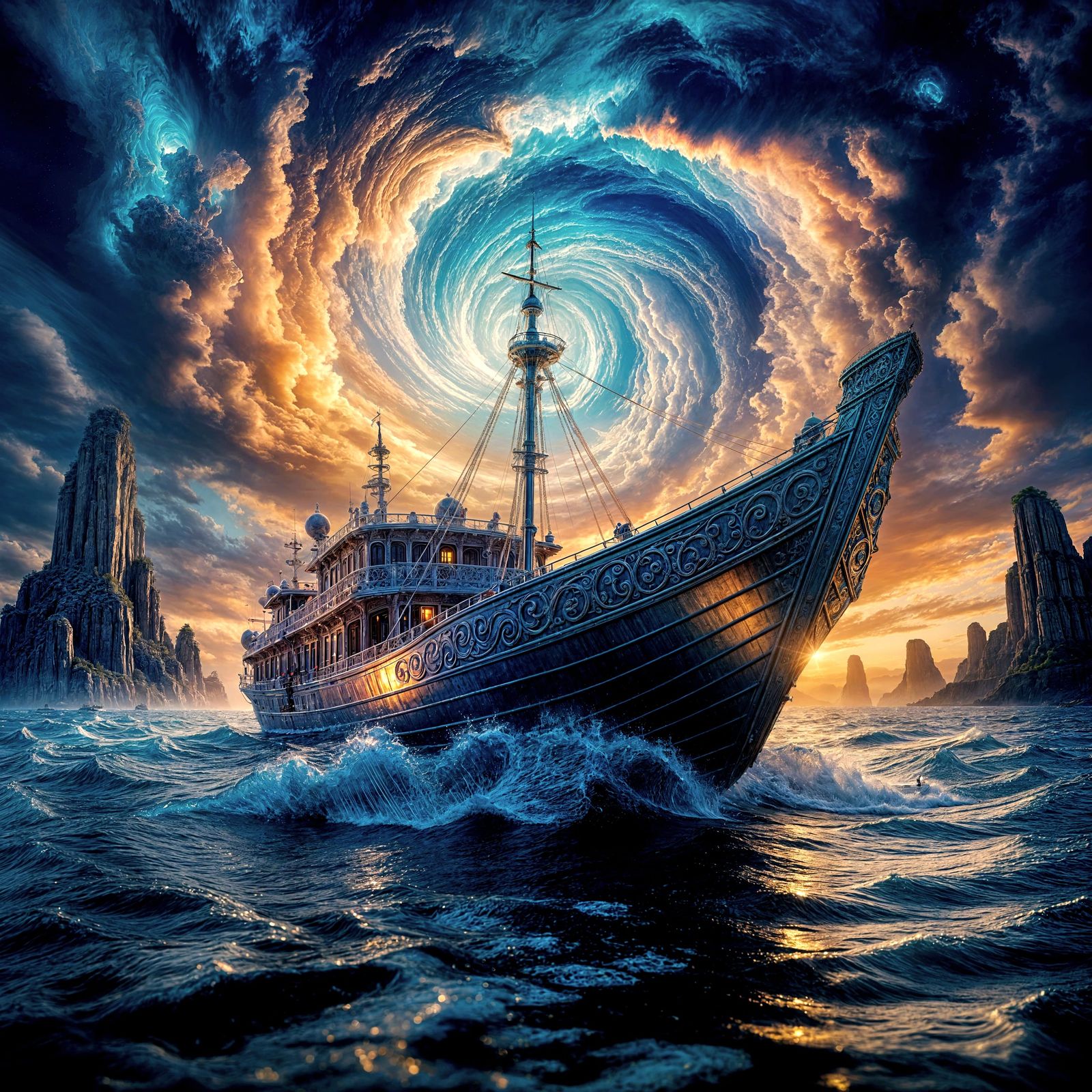 Iridescent Fishing Boat in Surreal Vortex Landscape