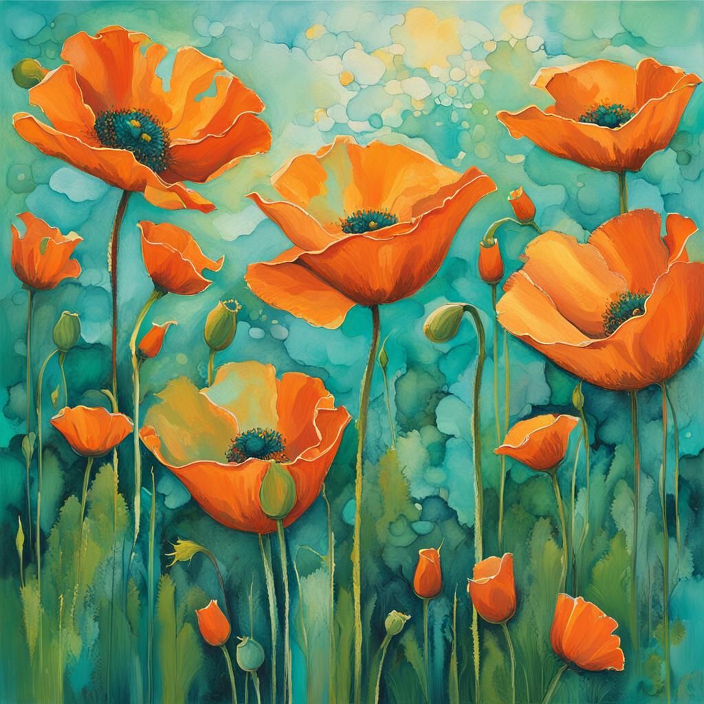 Orange Poppies in Lush Meadow: Abstract Expressionist Style