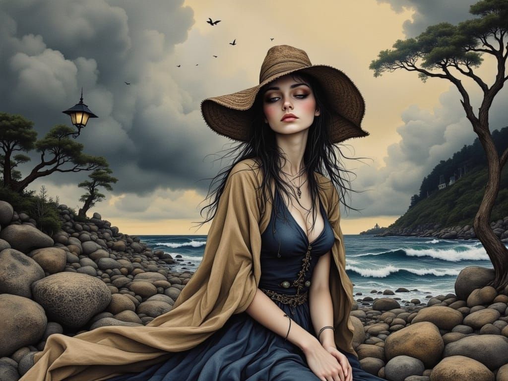 Surrealistic Portrait of Mysterious Stranger in Moody Lighti...