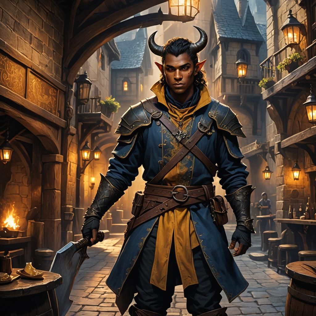 Tiefling Mercenary in Medieval Tavern: Fantasy Art