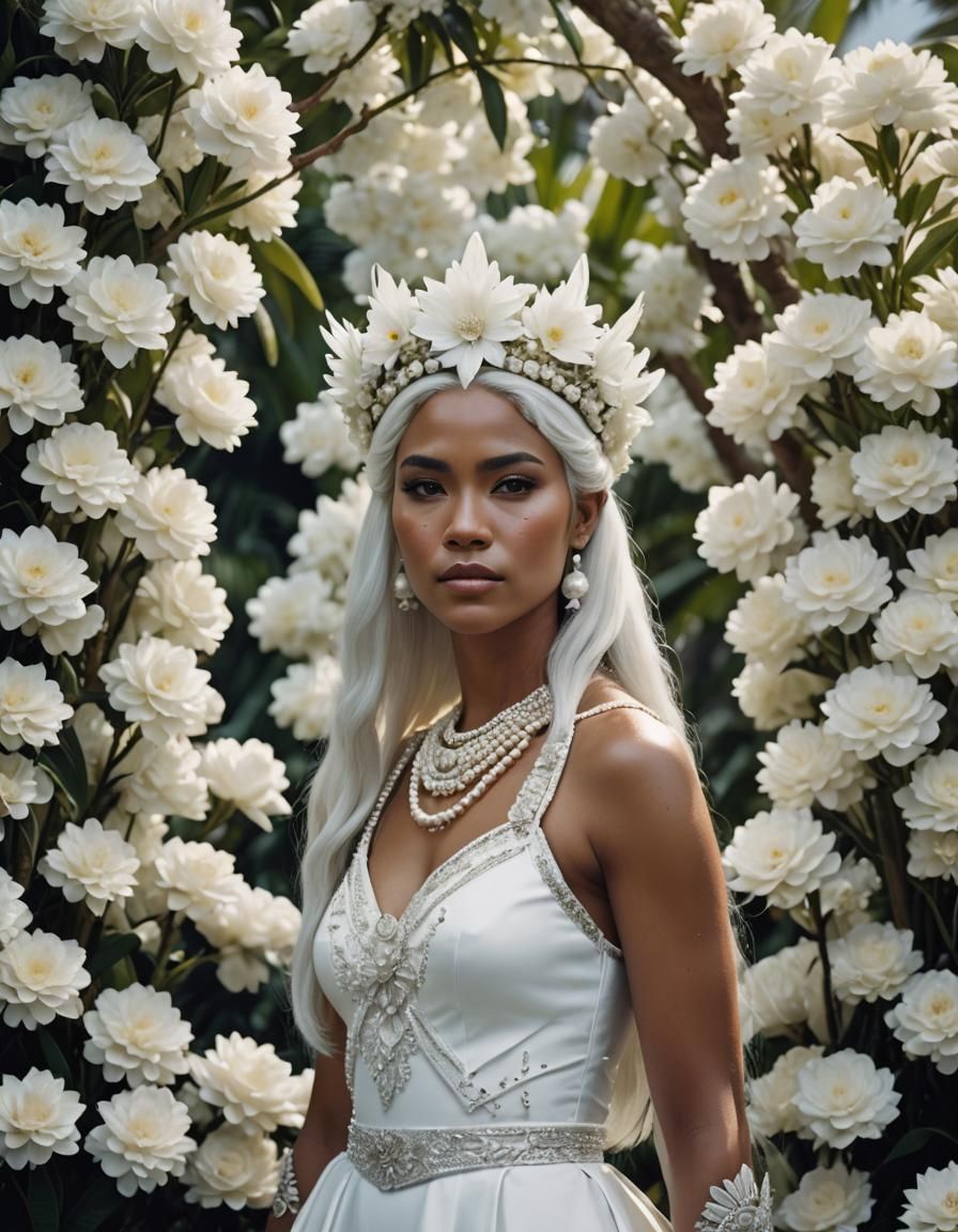 Polynesian Girl with White Hair and Pearls