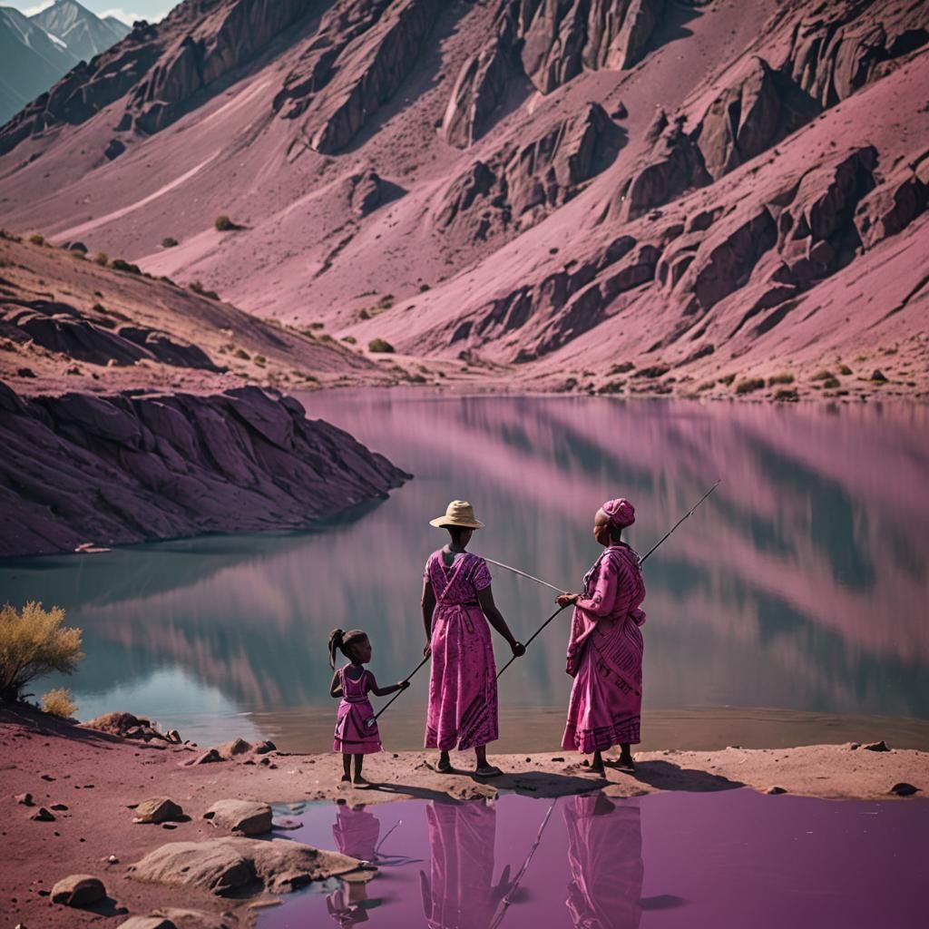African Women Fishing in Purple Lake: Cinematic Still