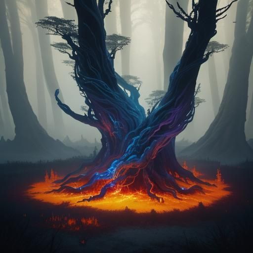 Mystical Tree Engulfed in Flames in Fantasy Art