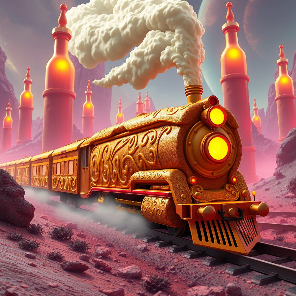 Golden Sandwich Train in Mystical Landscape