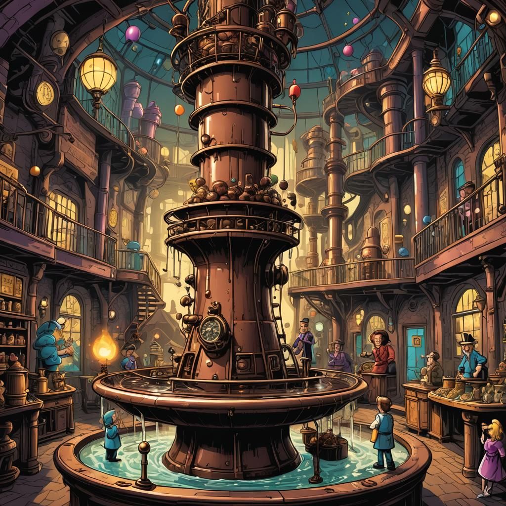 Retro Chocolate Factory with Flowing Fountain