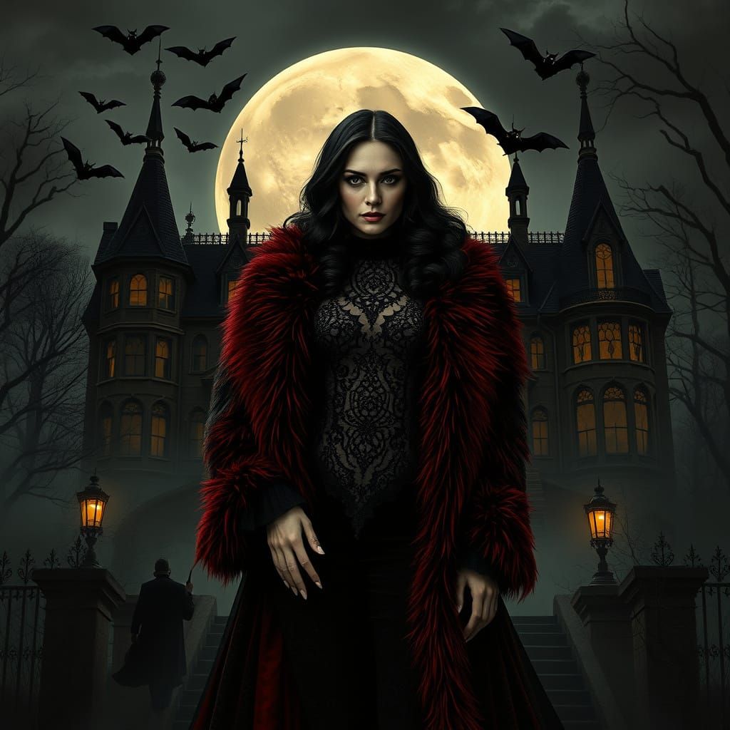 Elegant Goth Woman Stands Before Haunted Mansion in Moonlit ...