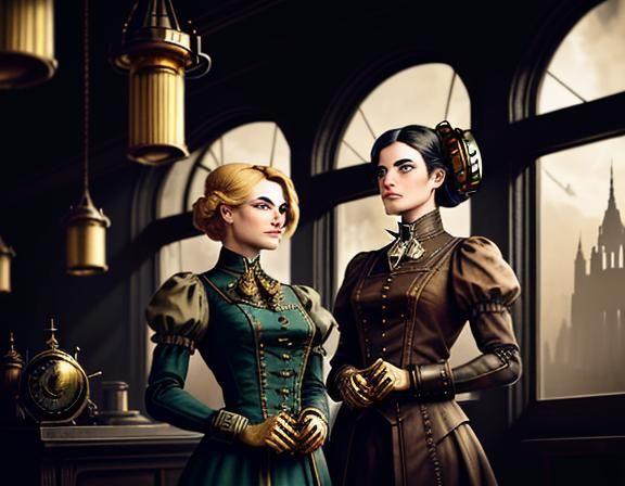 Steampunk Twins in Time Machine: Dreamlike Digital Painting