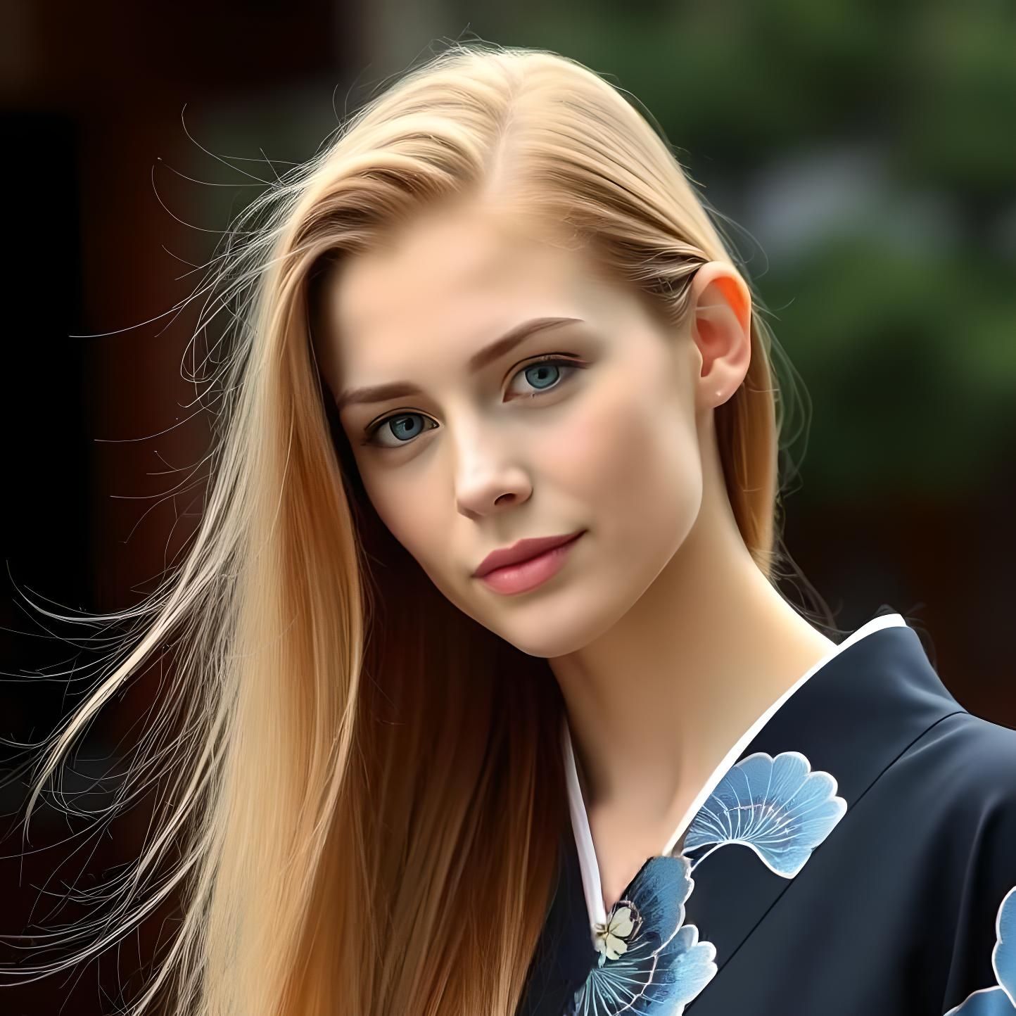 young woman with long strawberry blonde hair in a blue kimon...