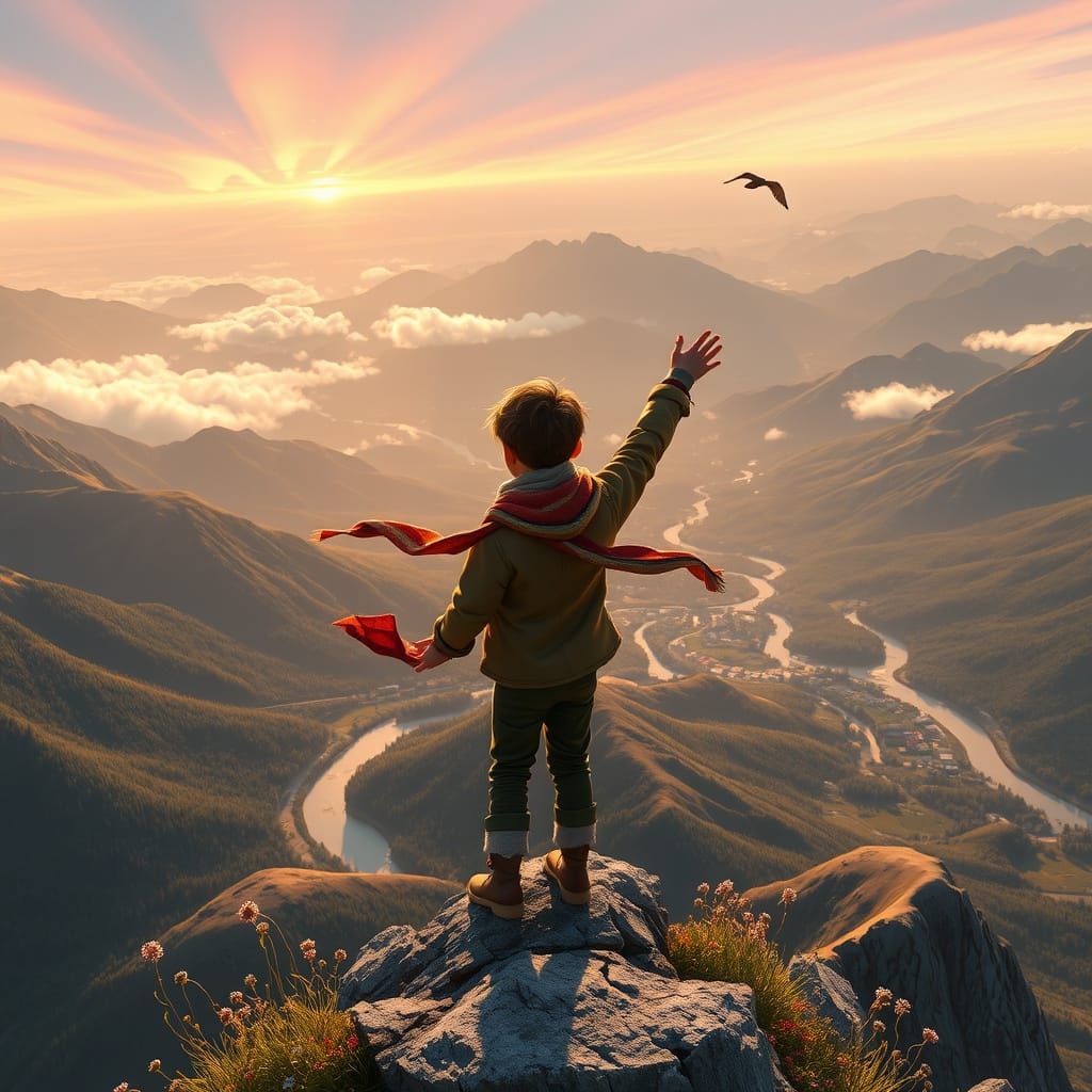 Youthful Explorer Stands Victorious on a Towering Mountain