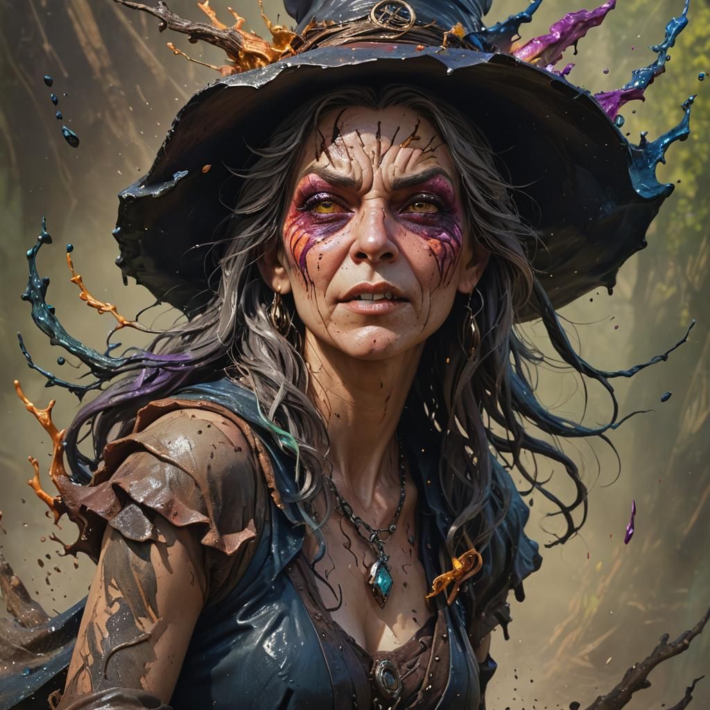Hyperrealistic Dirtwater Witch Splash Art Portrait
