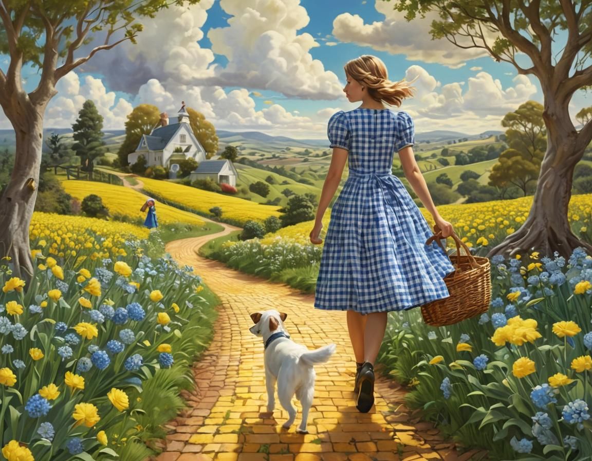 Girl and Dog on Yellow Brick Road: Whimsical Illustration